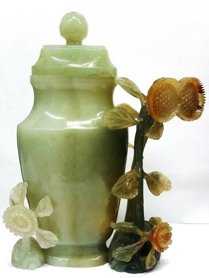 Antique Chinese Green Jadeite Jade Floral Covered Vase