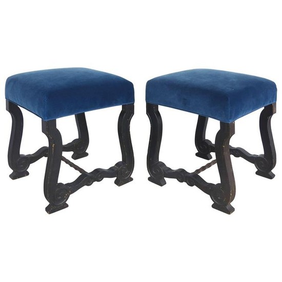 Antique European Carved Wood Stools Upholstered in