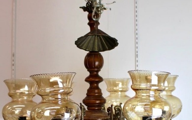 Antique Fine Craved Wood 6 Arms Chandelier with Shades