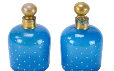 Antique French Blue Opaline Glass Jars w Stoppers