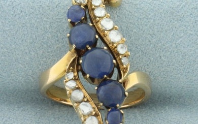 Antique Old Cut Diamond and Sapphire Ring in 14k Yellow Gold