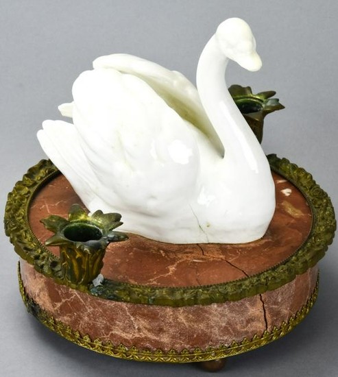 Antique Porcelain, Bronze, Marble Swan Centerpiece