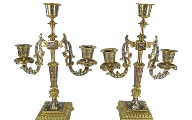 Antique pair of bronze champleve candellabras