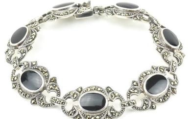 Art Deco Style Sterling Marcasite Onyx Bracelet
