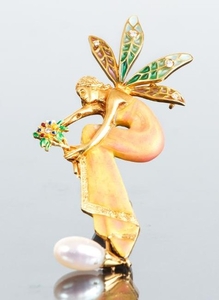 Art Nouveau Style Enamel and Pearl Pin