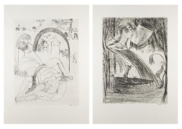 Arthur Boyd AC OBE, Australian 1920-1999, The Boat and Severe Famine, 1996; two soft-ground etchings on BFK Rives wove, each signed and numbered 42/45 in pencil, printed by Diana Davidson at Whaling Road Studios, Sydney, with their blindstamp...
