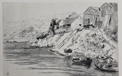 BRACQUEMOND Félix (1833-1914) «Village au bord de l'eau». Ensemble de 13 planches. Gravure pointe sèche...