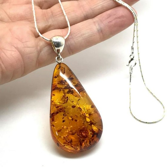 Baltic amber drop pendant necklace, sterling silver