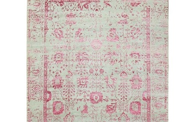 Beige and Pink, Persian Tabriz Design, Wool and Silk Hand Knotted Rug