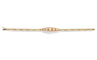 Belle Epoque BRACELET in 18K yellow gold and platinum with an articulated central motif adorned with a fine white pearl (untested), old fashioned brilliant-cut and rose-cut diamonds. Secure ratchet clasp. Gross weight: 12 gr. Dimensions: 18 x 0.8 cm...