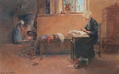 Benjamin Minns (1864 - 1937) - Interior Scene with Figure Embroidering 34 x 52 cm