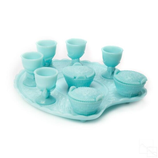Blue French Opaline Glass Egg Cup Tray and Baskets