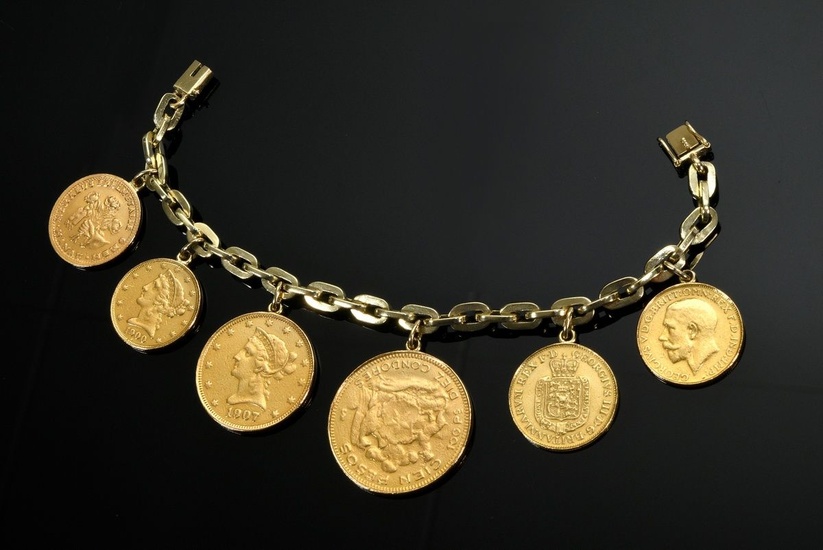 Bracelet en or jaune 585 avec 6 pièces internationales en or jaune 896, 900, 916...