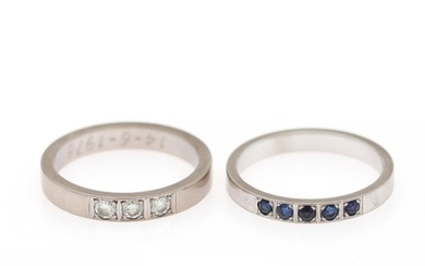 Bræmer-Jensen: Two rings respectively set with three brilliant-cut diamonds and five circular-cut sapphires, mounted in 14k white gold. Size 58. (2)