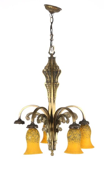 (-), Brass 5-light richly decorated Art Deco hanging...
