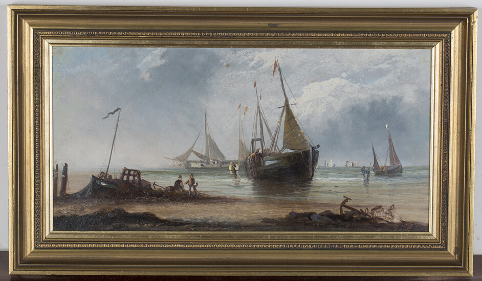 British School - Coastal View, 19th century oil on board, 19cm x 39.5cm, within a gilt frame.