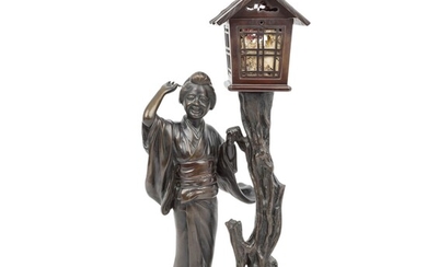 Bronze einer Geisha mit Baumhaus als Lampe. JAPAN.