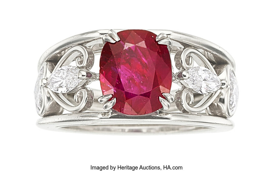 Burma Ruby, Diamond, Platinum Ring The ring features an...