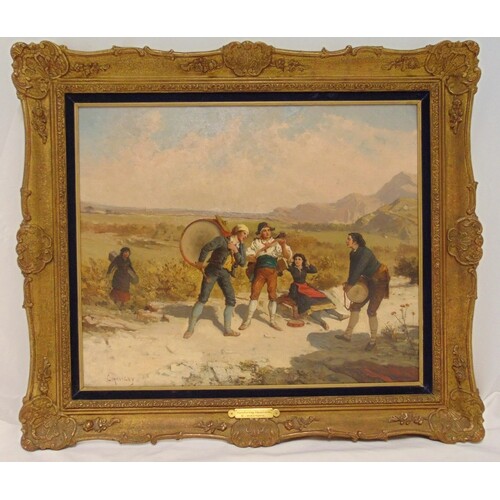C Havigny framed oil on canvas titled Wandering Musicians, s...