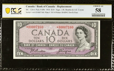 CANADA. Banque du Canada. 10 Dollars, 1954. BC-32b. Replacement. PCGS Banknote Choice About Uncirculated 58.