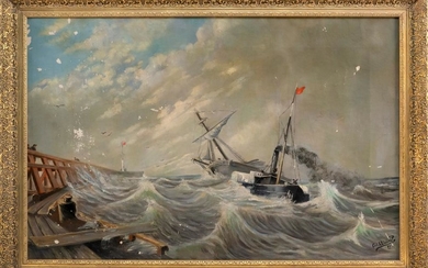 CARL L. LINDQUIST, Europe, 1856-1941, A sidewheeler and a sailing ship in rough seas., Oil on canvas, 25" x 39". Framed 30" x 44".