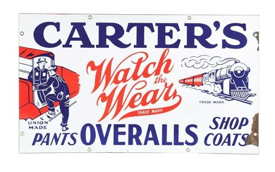 CARTER'S UNION MADE OVERALLS PORCELAIN SIGN W/ TRAIN GRAPHIC.