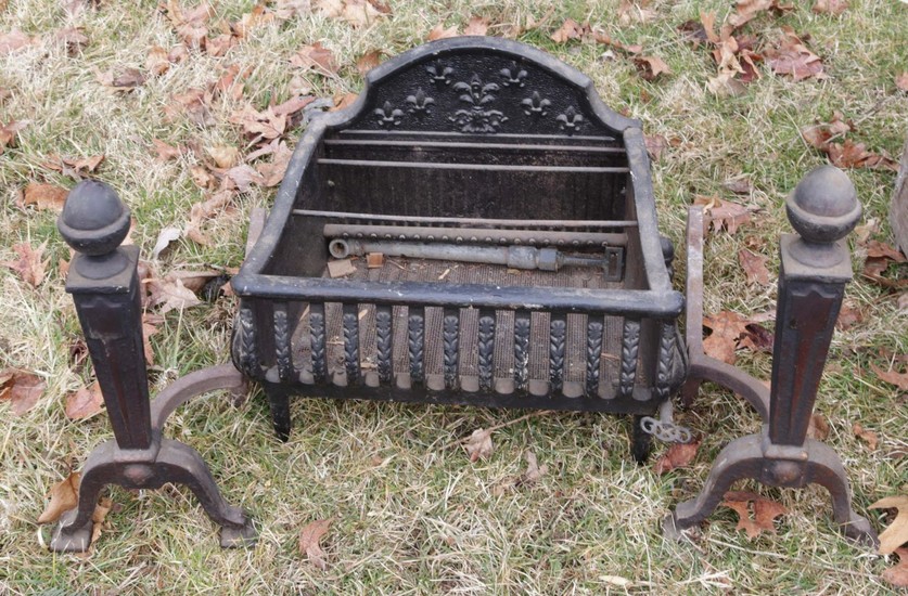 CAST IRON FIREPLACE INSERT WITH ANDIRONS