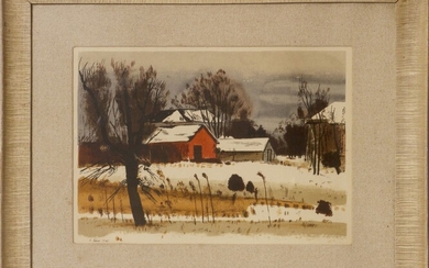 CHARLES CULVER (AMER.1908-67), WATERCOLOR ON HEAVY WOVE PAPER, 1945 H 13" W 18.75" WINTER LANDSCAPE