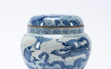 CHINESE BLUE & WHITE DRAGON & FISH STORAGE JAR