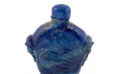 CHINESE CARVED LAPIS LAZULI SNUFF BOTTLE 19th Century Height 2". Conforming stopper.