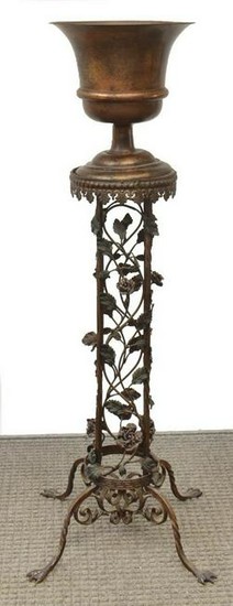 COPPER URN-FORM PLANTER ON WROUGHT IRON STAND