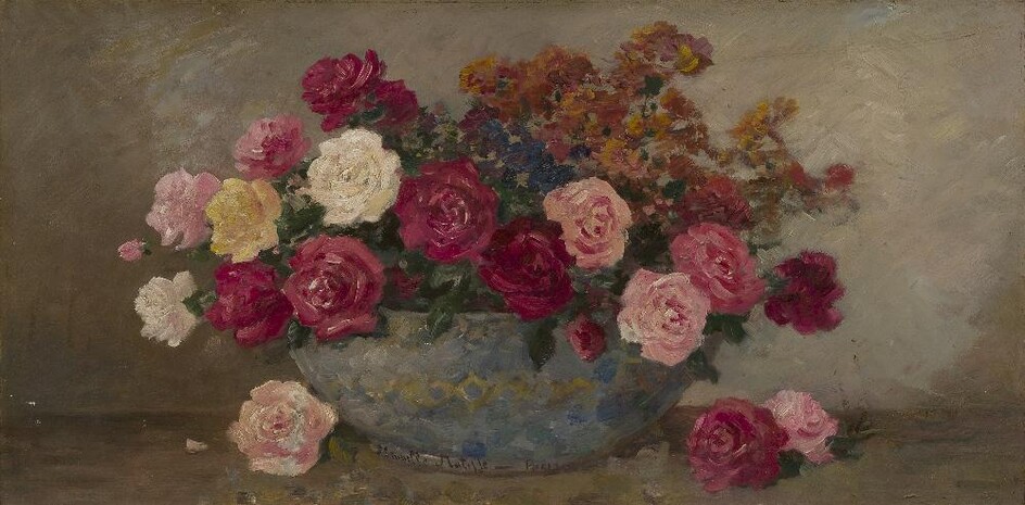 Camille Matisse, French, early-mid 19th century- Roses in a bowl; oil on board, signed and inscribed 'Camille Matisse - Paris' lower centre, 30.5 x 60.5 cm