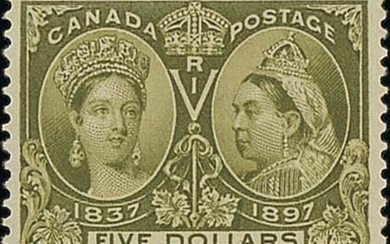 Canada 1897 Jubilee $5 olive-green, a well-centred unused example; lightly mounted mint, a cou...