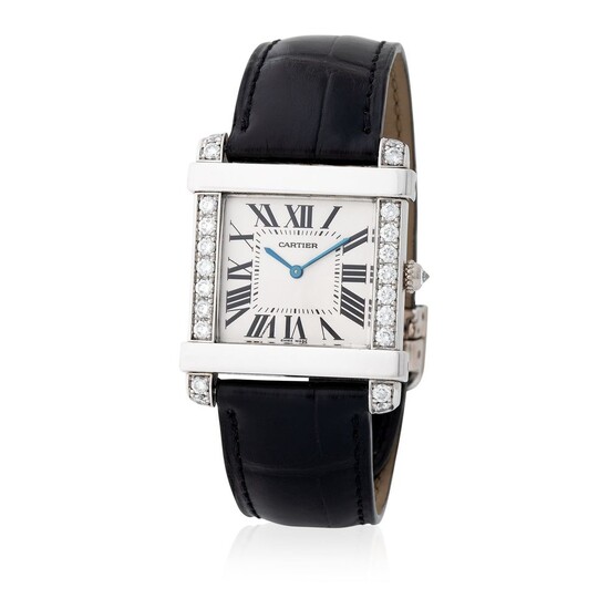 Cartier. Fine and Elegant Tank Chinoise Square-shape Wristwatch in Platinum With Diamond Bezel
