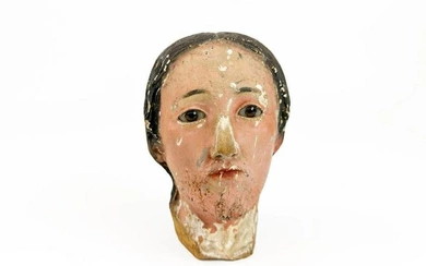 Carved And Painted Wood Religious Figure Head With Glass Eyes