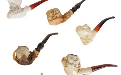 Carved Figural Meerschaum Pipe and Case 6pc. LOT