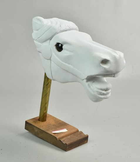 Carved wood carousel horse head, in white primer
