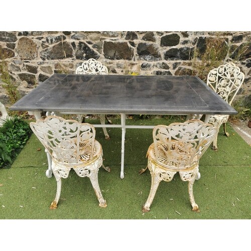 Cast iron table {74 cm H x 150 cm W x 90 cm D} with marble t...