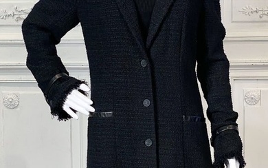Chanel Black Leather And Boucle Coat