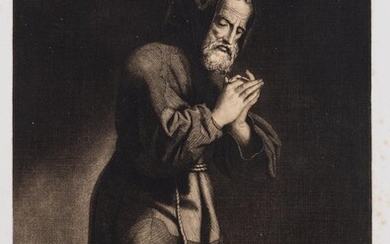 Charles Damour (*1813), Praying Franciscan, friar or hermit in solitary devotion, c. 1848, Etching and Vernis mou