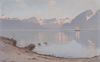 Charles PARISOD (1891-1943), "Bord du lac et montagnes", huile