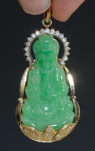 Chinese Export Green Jade Buddha 14k Gold Pendant
