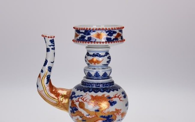 Chinese Gilt Gold Iron Red Glaze+Blue And White Porcelain Dragon Pot