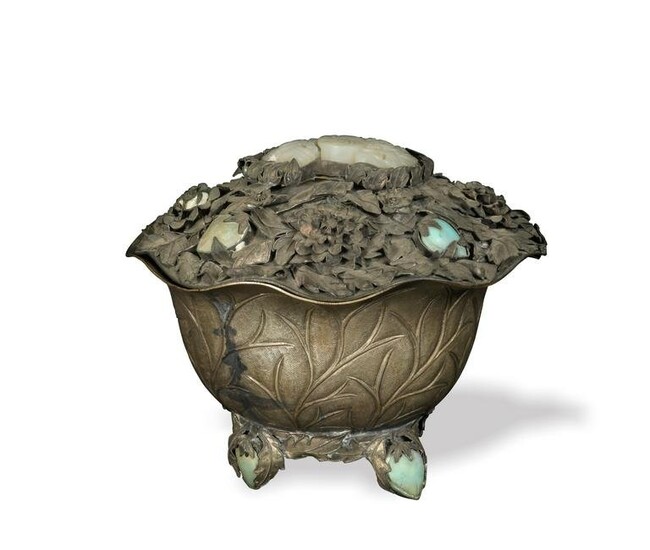 Chinese Silver Bowl with Jade Inlay, 18th Century