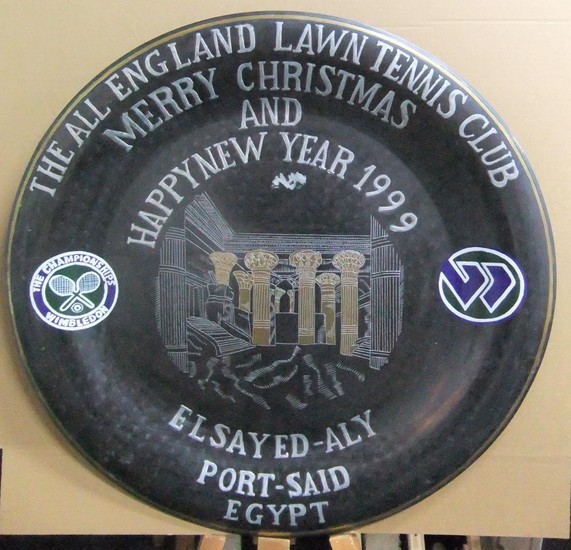 Circular metal WIMBLEDON Tennis plaque, part etched, part ha...