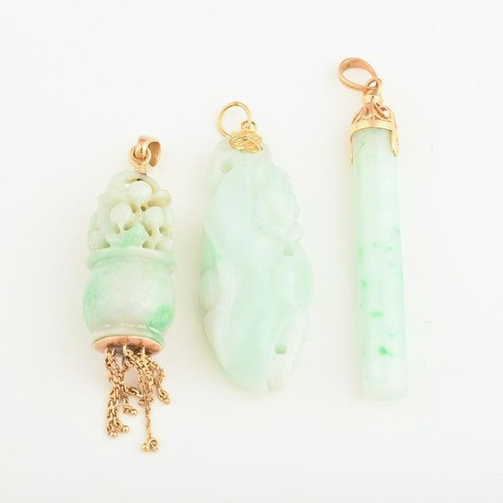 Collection of Three Jade, 18k Yellow Gold Pendants.