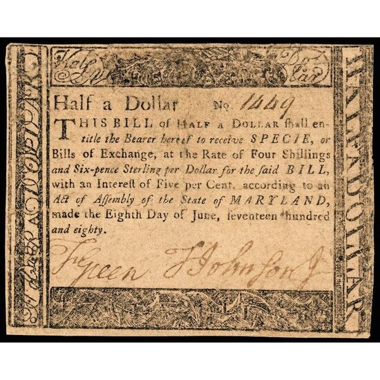Colonial Currency MD. June 1780 $1/2 BLACK MONEY