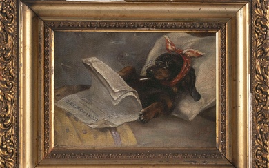 Comical scene of a dog nursing a headache and reading a newspaper in bed.