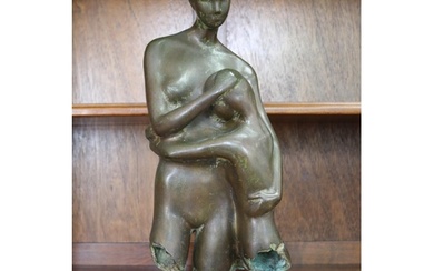 Contemporary bronze sculpture of Madonna and child on marble...