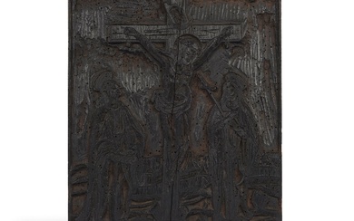 Crucifixion Bloc d'impression École du Danube Vers 1500/20 Bois sculpté 31 x 26,7 x 2,8...